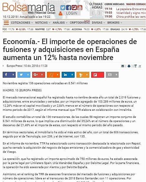 El importe de operaciones de fusiones y adquisiciones en Espaa aumenta un 12% hasta noviembre